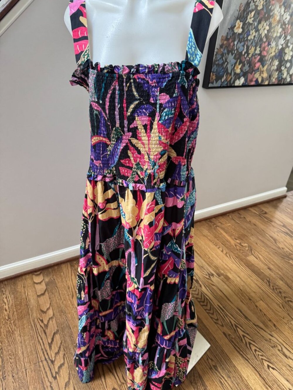 OLIPHANT Smocked Floral Sleeveless Tie Strap Maxi Dress Kruger Print Cotton 2XL